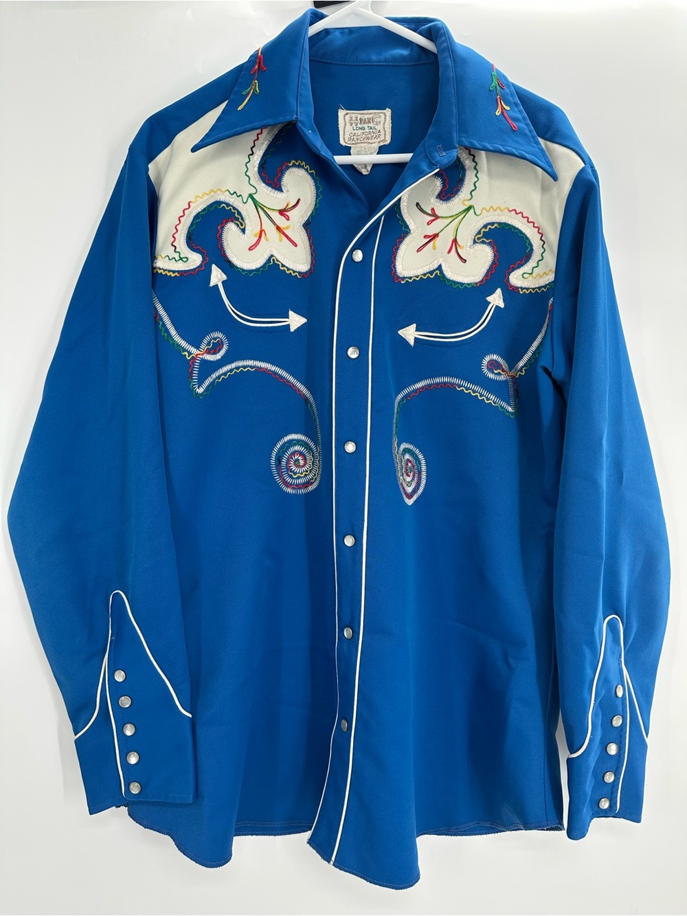 Vintage H Bar C Western Shirt Blue Embroidered Snap Pearl Sz 16.5